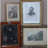 Three 19th century watercolour portraits and four prints,