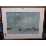 John B**** (20th century), Estuary scene with boats, watercolour, indistinctly signed, 43cm x 61cm.