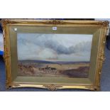 Circle of Copley Fielding, Landscape with cattle, sheep and drovers, watercolour, bears a signature,