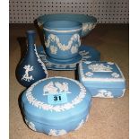 Ceramics; including, Wedgwood blue jasperware items, a bowl, vase, plate, box and sundry, (qty).