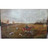 English Primitive School, Horseman and hounds in a landscape, oil on panel, unframed, 59cm x 92cm.