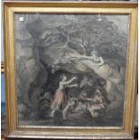 Follower of George Morland, Figures sheltering in a cave, watercolour, 59cm x 55cm.