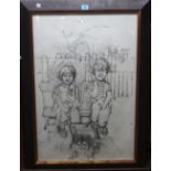 British School (20th century), Two children on a bench with a dog, pencil, 73cm x 49cm.