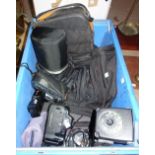 A quantity of vintage cameras and related accessories, including; Nikon F90, Canon, Olympus,