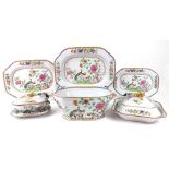 A Spode stone china peacock pattern part dinner service, comprising: a pair of soup tureens,