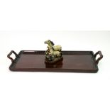 A Chinese rosewood rectangular tray, second half 20th century, with faux bamboo side handles,