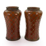 A pair of Japanese brown glazed earthenware vases, 20th Century, of waisted cylindrical form,