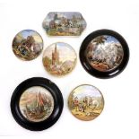 A collection of six Pratt ware pot lids: Wouvermann pinxt, Albert Memorial, I see you my boy,