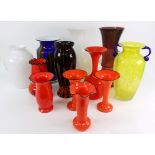 A collection of fourteen Art glass vases, 20th century, of various forms and colours,