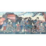 A Japanese woodblock print of a family group and Samurai in a landscape with a training square