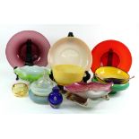 A collection of seventeen Art glass bowls and dishes, including two scent bottles and stoppers,