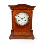 An Edwardian mahogany boxwood strung and foliate inlaid mantel clock,