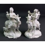 A pair of Derby white glazed figures of the Welch Tailor and Companion, early 19th century,