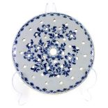 An English Delftware blue and white circular drainer, probably London, circa 1760,