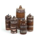 A group of five wooden canisters and covers, probably Burmese, 20th century,