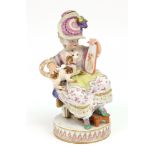 A Meissen figure of a seated girl, a pet dog on her lap gazing into a mirror, on a circular base,