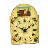 A Dutch wall clock, first half 19th century, with arched 10" wooden dial, painted with a church,