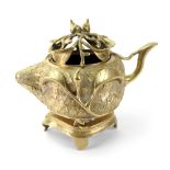 A Chinese brass censer, cover and stand, 19th century, of peach form with twig handle,