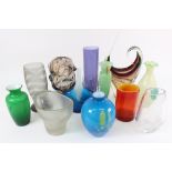 A collection of twelve Art glass vases, including Whitefriars and Murano, 20th century,
