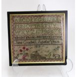 An early 19th century needlework sampler, worked with alphabets, a cottage, animals,