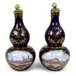 A pair of Meissen blue-ground double gourd shaped vases and covers, circa 1870,