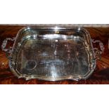 A plated on copper twin handled rectangular tray,