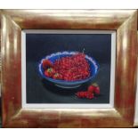 Tricia Hardwick (Contemporary), Still life of redcurrants, oil on canvas, 24cm x 29cm.