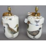 A pair of modern Decalcomania glass table lamps, decorated with game birds, 25cm high, (2).