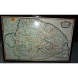 A hand coloured map of Norfolk, by Robert Morden, 61cm wide x 41cm high, framed and glazed.