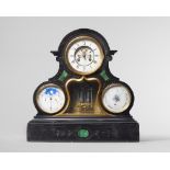 A French black marble and malachite inset mantel clock with calendar and barometer circa 1890 The