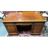 A 19th century French brass bound mahogany pedestal desk, with seven drawers about the knee,