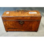 A George II feather banded walnut dome topped tea caddy, lacking interior,