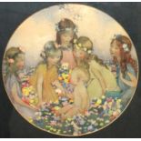 Circle of Katherine Cameron, Children amongst flowers, watercolour and pencil, circular, 36cm diam.
