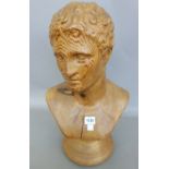 A pitch pine carved bust of a Romanesque male, 20th century,