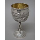 A Chinese silver goblet, the bowl decorated with a dragon,