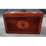 A George III marquetry inlaid mahogany rectangular tea caddy, with twin compartment interior,