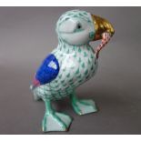 A Herend porcelain puffin, Imari decorated, gilt green,