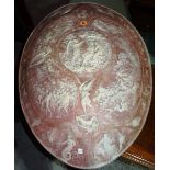 A large 20th century faux abalone composite plaque, depicting reliquary scenes, 84cm x 64cm.