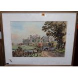 English School (19th century), Figures and animals before a ruined castle, watercolour,