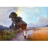 John White (1851-1933), Harvest girls gathering poppies, watercolour and gouache, signed,