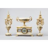 A French ormolu, champleve enamel and onyx clock garniture In the Grecian style,