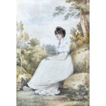 Attributed to Adam Buck (1759-1833), Portrait of a lady seated in a landscape, watercolour,