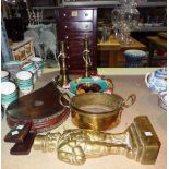 Collectables including a mahogany six drawer table top chest, bellows, candlesticks,