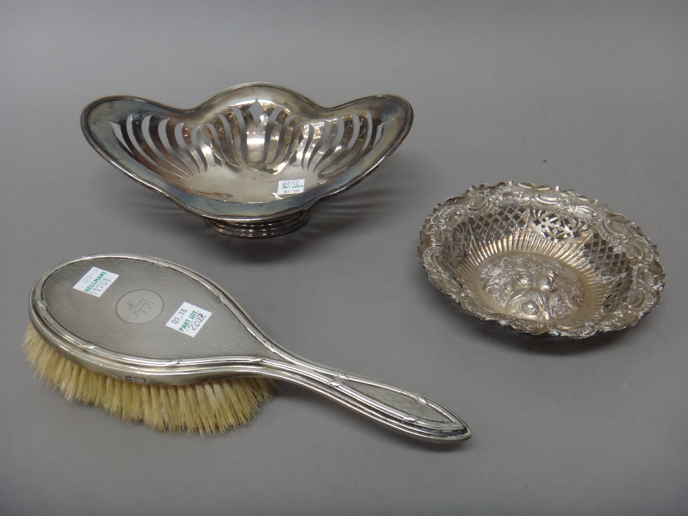 Silver and silver mounted wares, comprising; a lady's hairbrush with engine turned decoration,