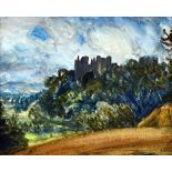 Sir George Clausen (1852-1944), Hillside castle, watercolour, signed, 22.5cm x 28cm.