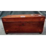 A George III inlaid yew wood rectangular tea caddy, with later twin lidded interior, possibly Irish,