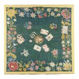 A George II needlework card table cover, on a green ground,