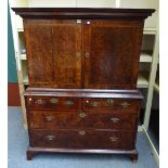 A George I chevron banded figured walnut cabinet on chest,