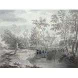 Joseph Farington (1747-1821), A Mill pond with cottages beyond, pen, ink and grey wash, 31cm x 42cm.