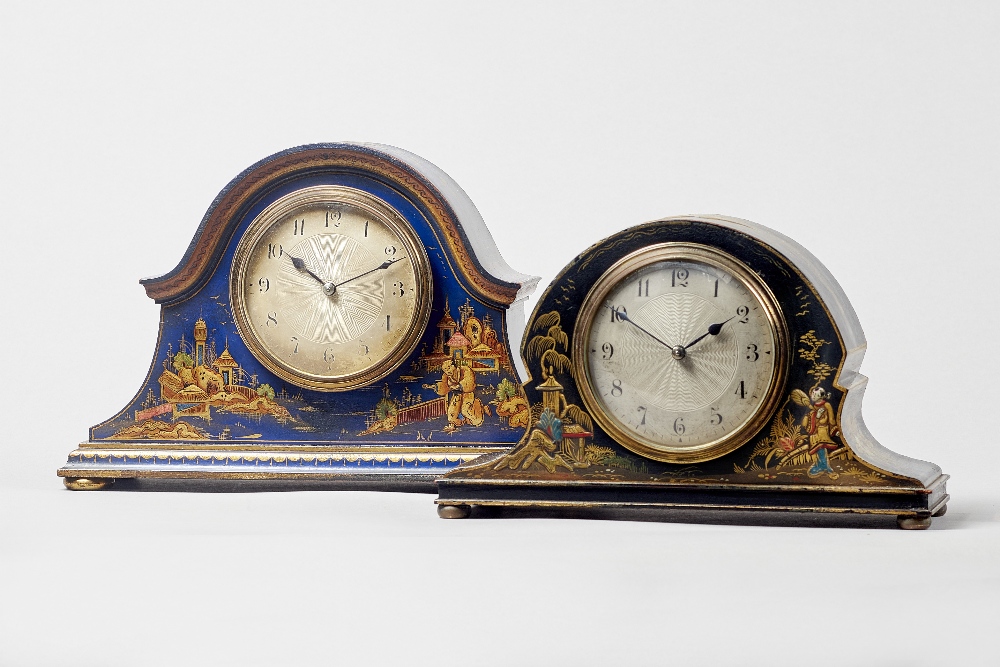 Two Edwardian chinoiserie decorated hump-back mantel timepieces The movements by Couaillet One